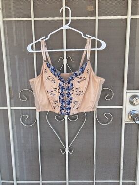 Peach Corset Crop Top with Blue Floral Embroidery